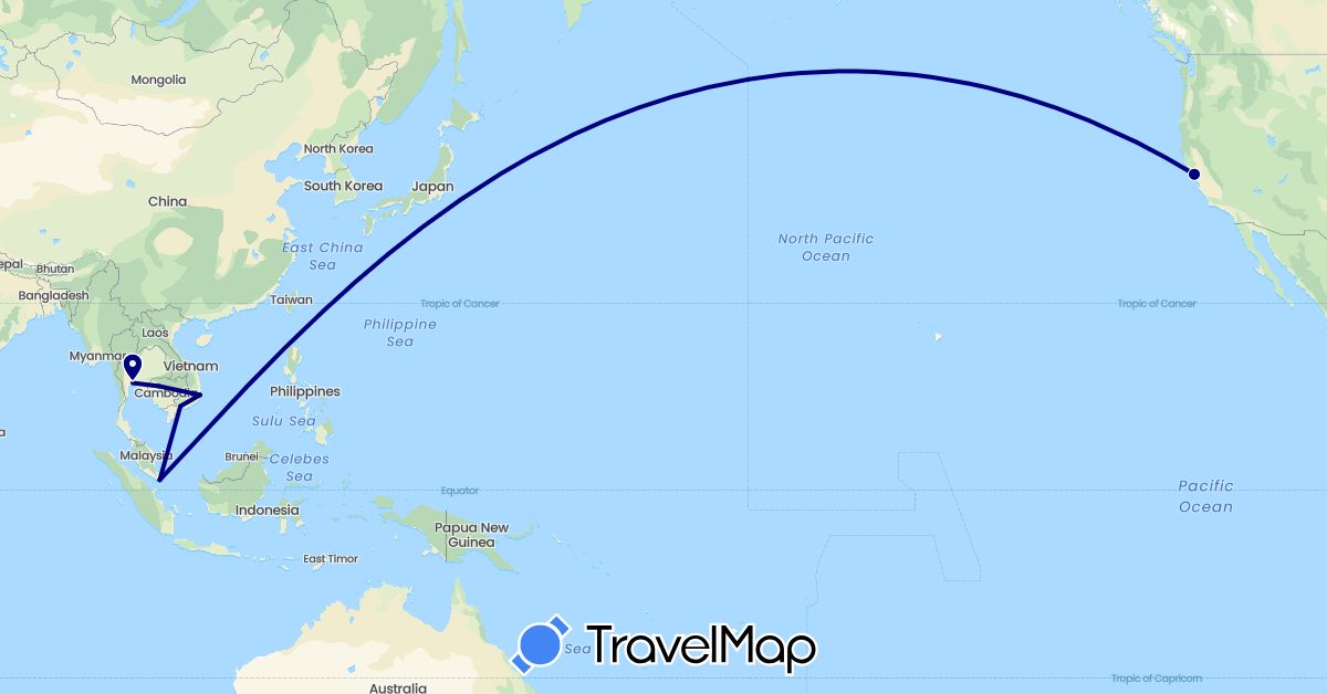 TravelMap itinerary: driving in Cambodia, Singapore, Thailand, United States, Vietnam (Asia, North America)